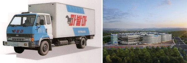 한진택배 사업초기 택배차량 이미지(좌측)과 대전 스마트 메가 허브 터미널