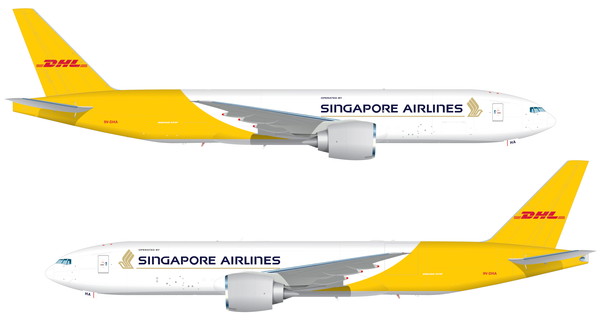 DHL 익스프레스가 싱가포르 항공과 파트너십 통해 도입할 ‘보잉777’ 화물기 외관 모습