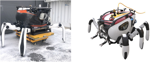 왼쪽부터 보행·유영 가능 수중로봇 크랩스터CR6000와 기뢰탐색용 자율 수중보행로봇